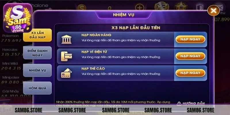 Khuyến mãi Sam86 nhận thưởng x3 giá trị nạp tiền lần đầu